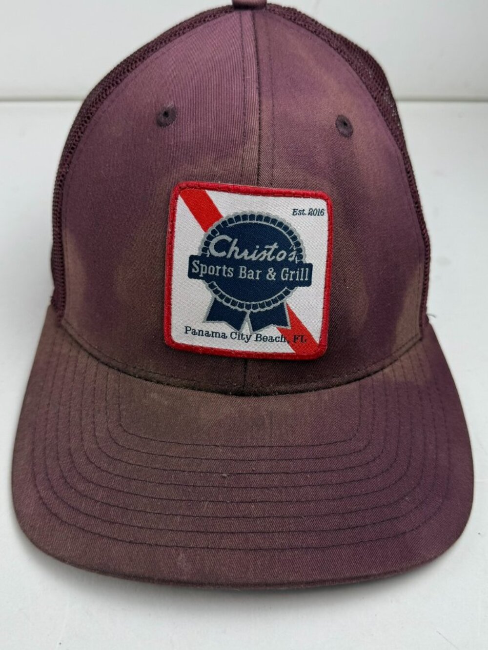 Richardson 112 Maroon Trucker Hat Christos Sports Bar Panama City Beach Sun Fade